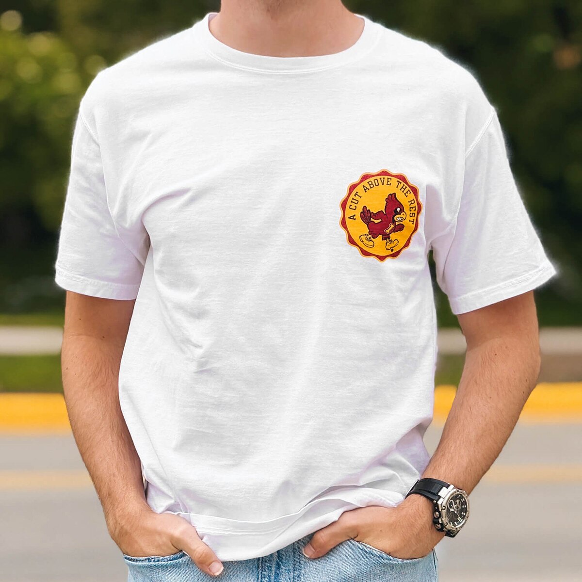 Comfort Wash Iowa State Turf Management White Short Sleeve T-Shirt front design close up